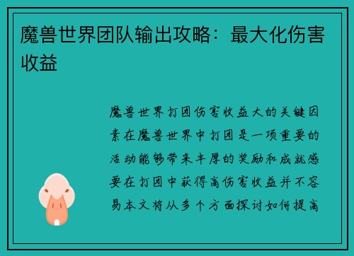 魔兽世界团队输出攻略:最大化伤害收益